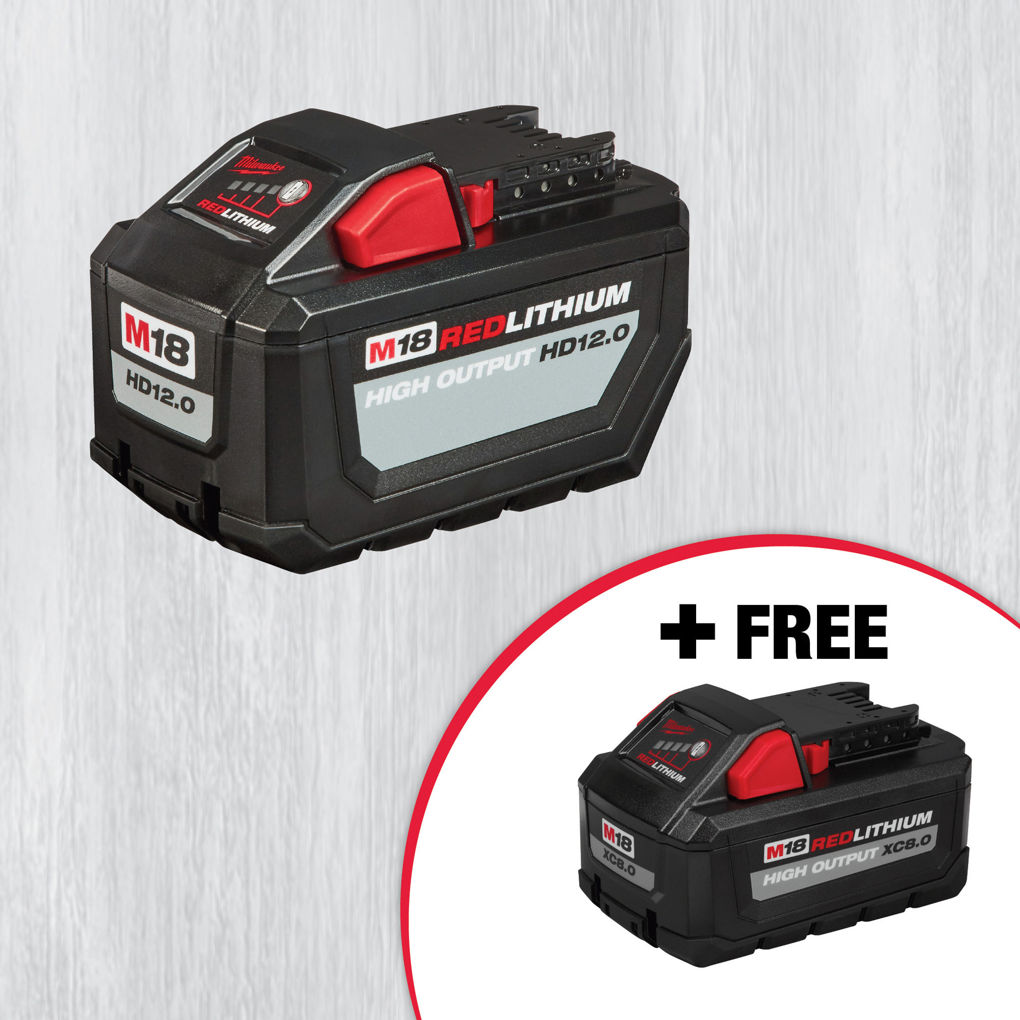 SPECIAL BUY! M18 RedLithium High Output HD12.0 Battery Pack (48-11-1812) with FREE M18 RedLithium High Output XC8.0 Battery Pack (48-11-1880)